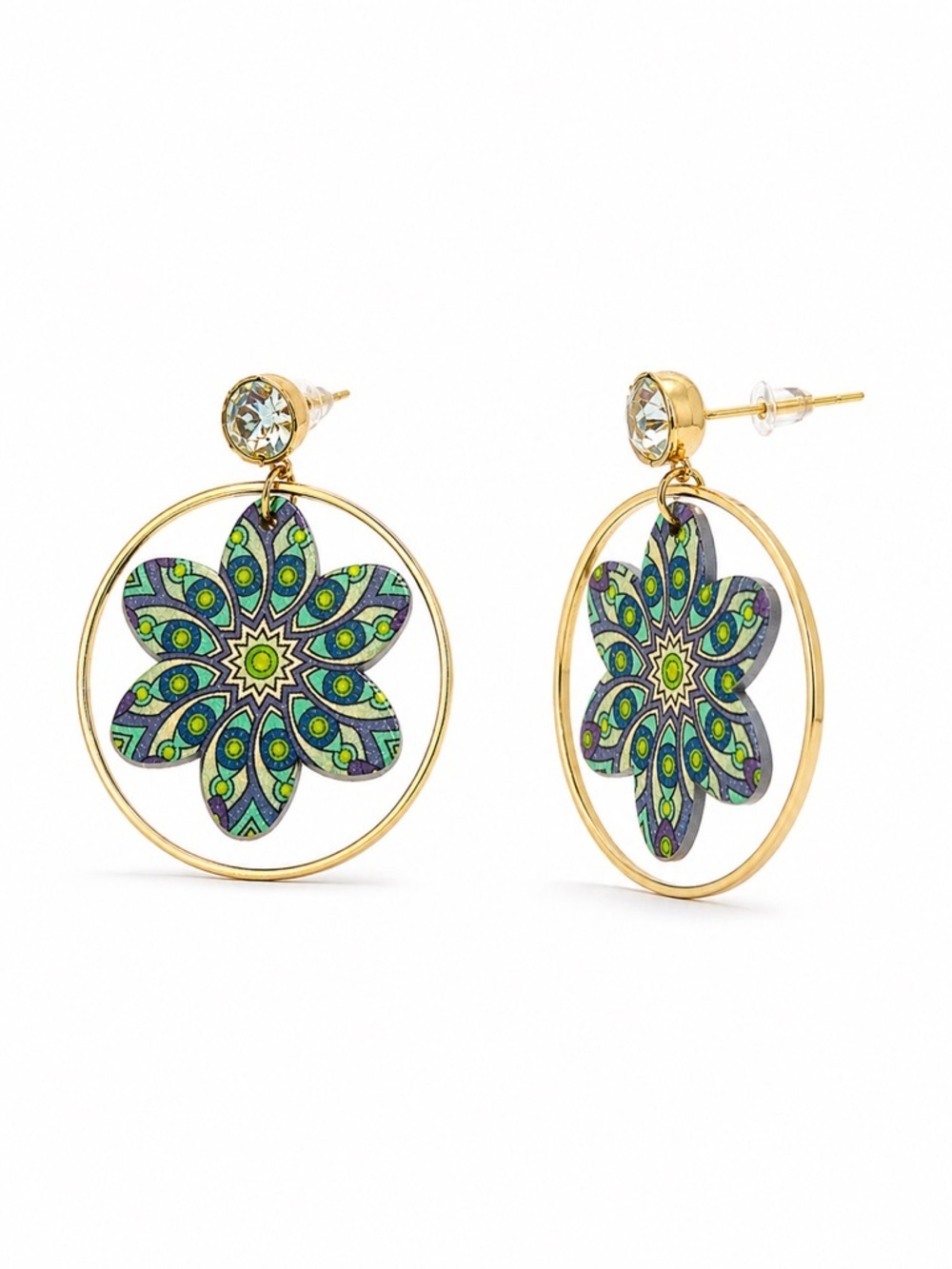 Gold Hoop Floral Drop Earrings Mandala Boho Chic Statement
